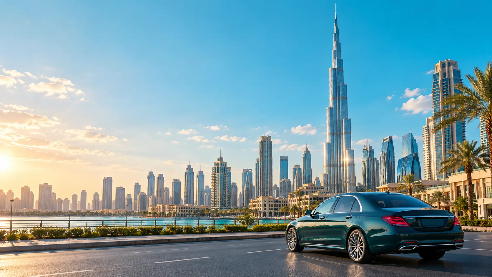 Dubai skyline and a car beside the waterfront, an illustrative generated image